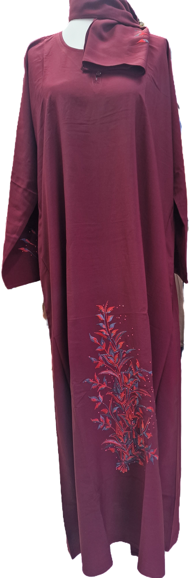 Burgundy Abaya with Flower Embroidery