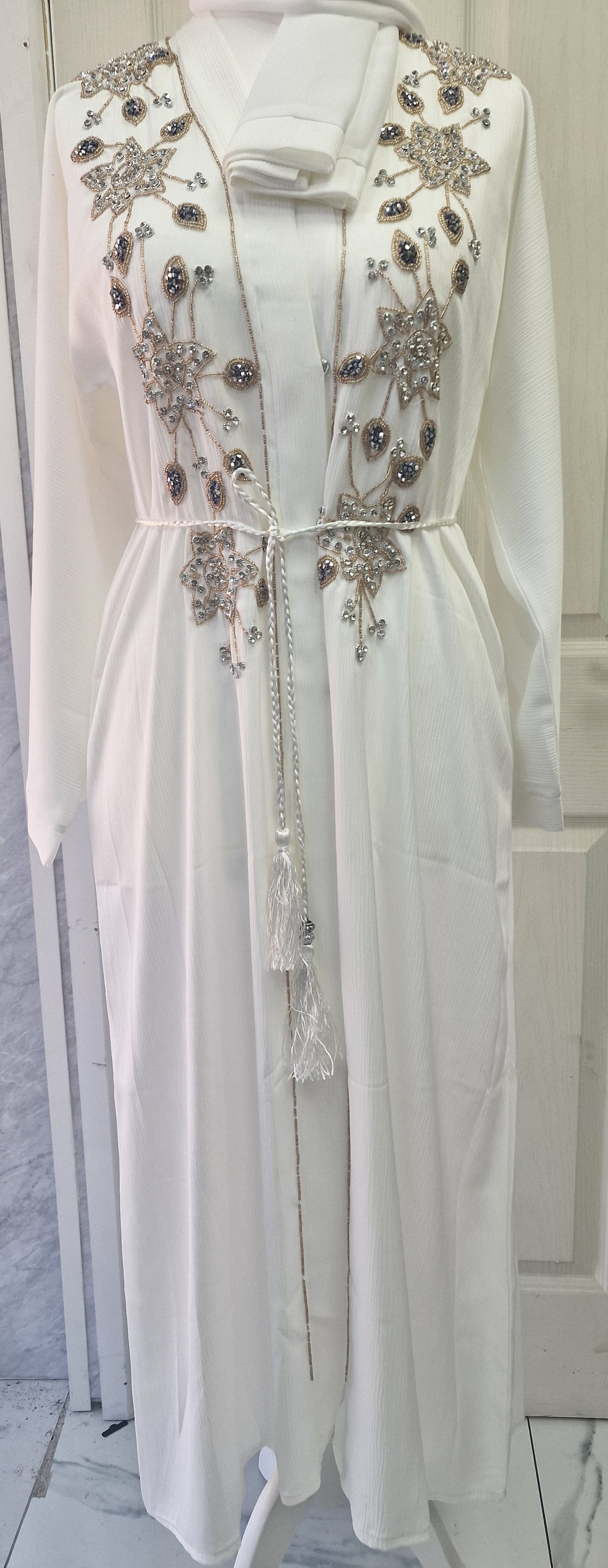 White Abaya with Silver Flower Embelishments