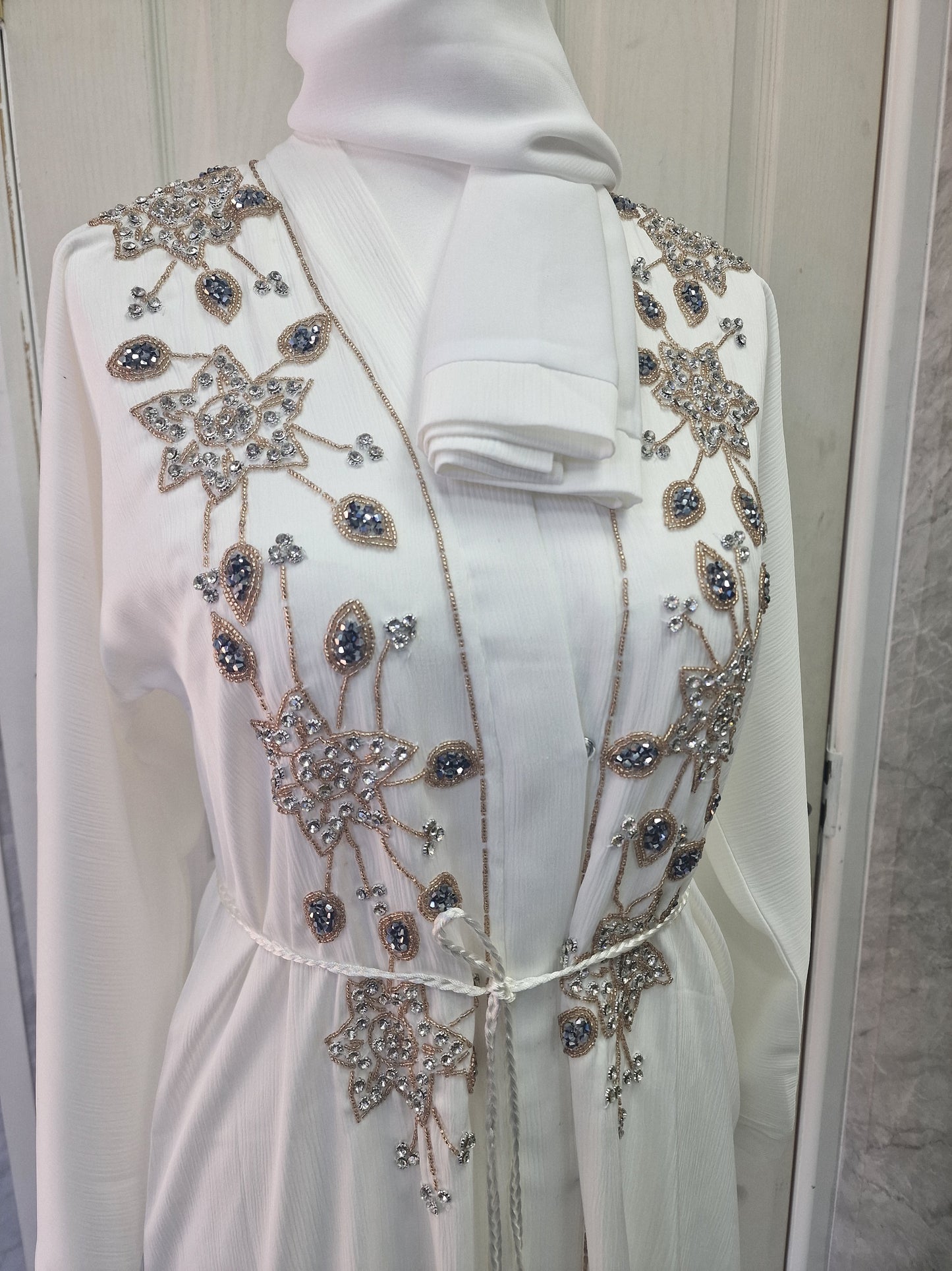 White Abaya with Silver Flower Embelishments