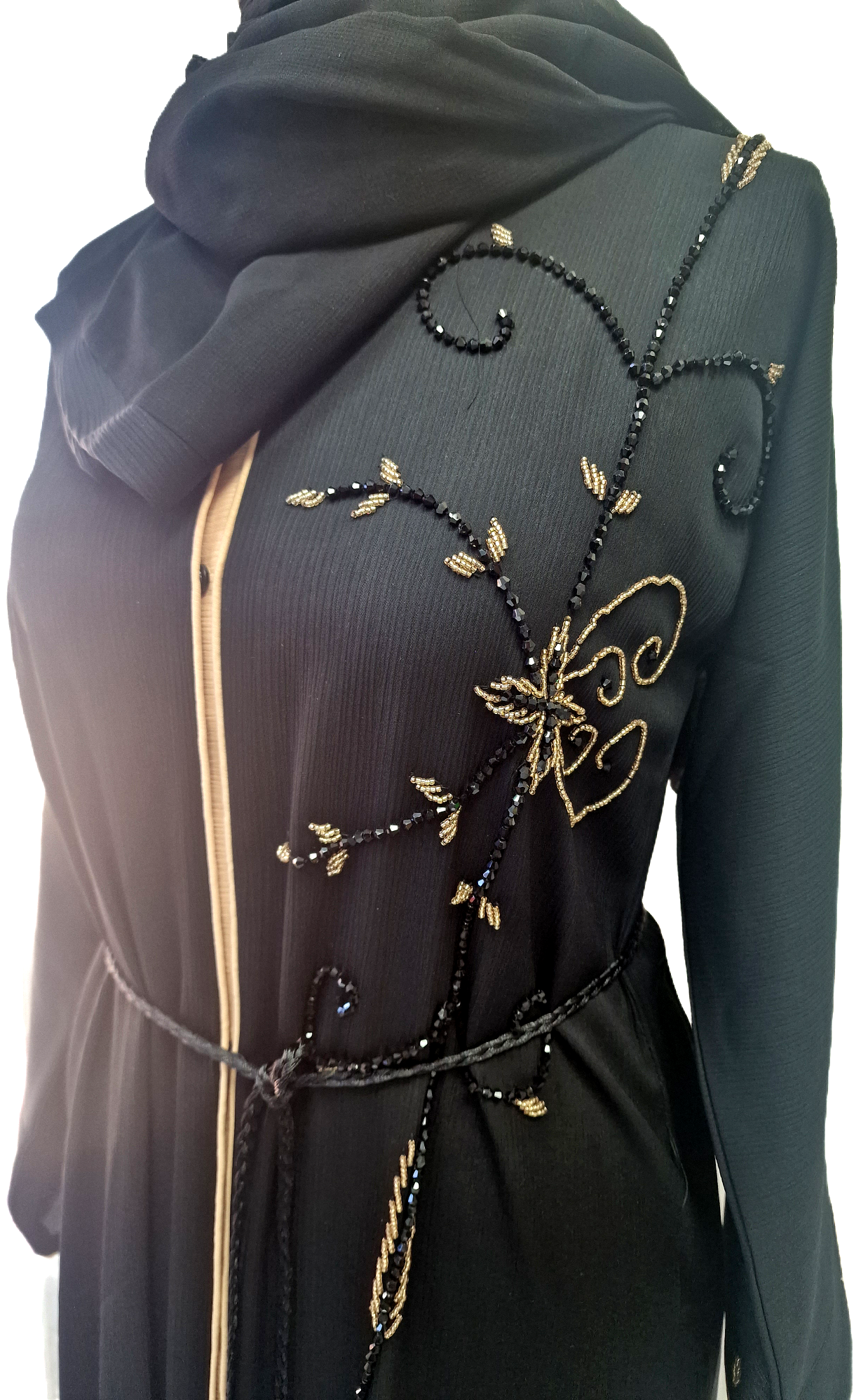 Black Abaya Beige Trimming and Gold Flower Embellishments