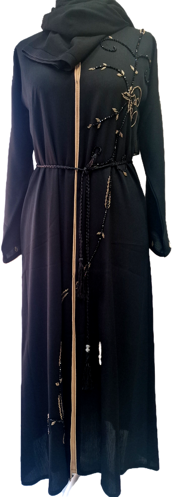 Black Abaya Beige Trimming and Gold Flower Embellishments