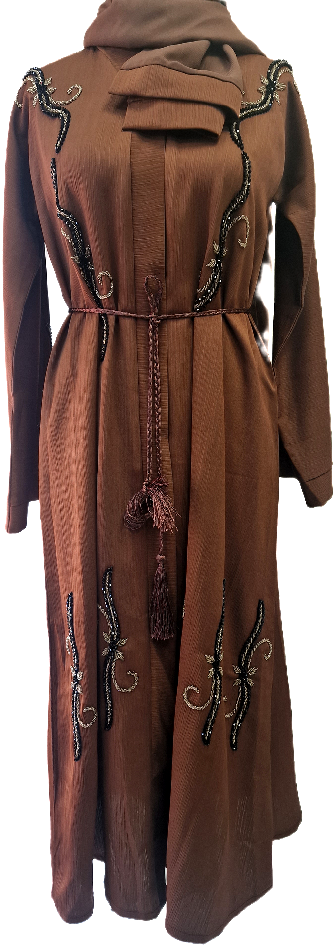 Plain Brown Abaya with Gold Embellishments