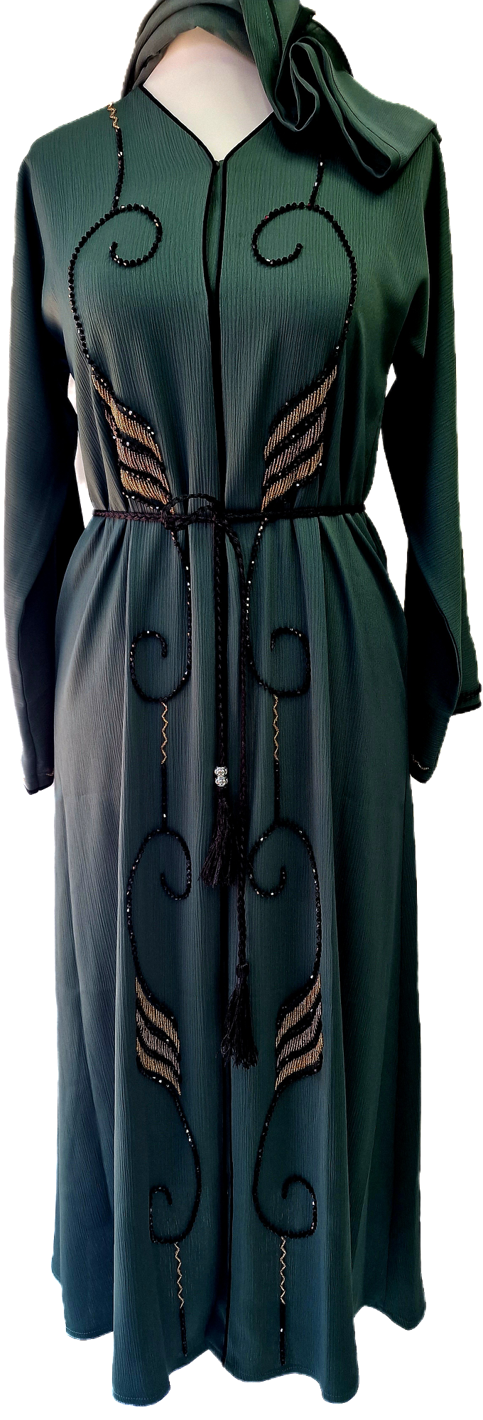 Green Abaya with Gold and Black Embellishments