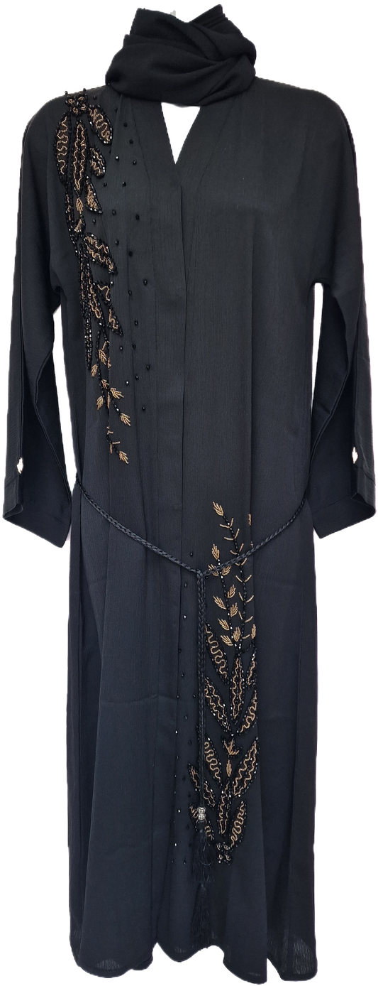 Black Abaya with Gold Flower Embellishments