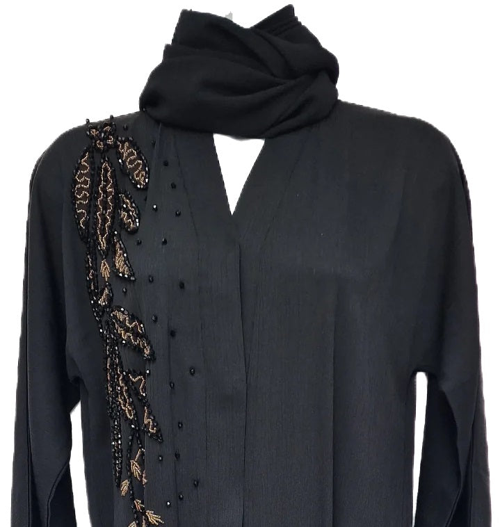 Black Abaya with Gold Flower Embellishments