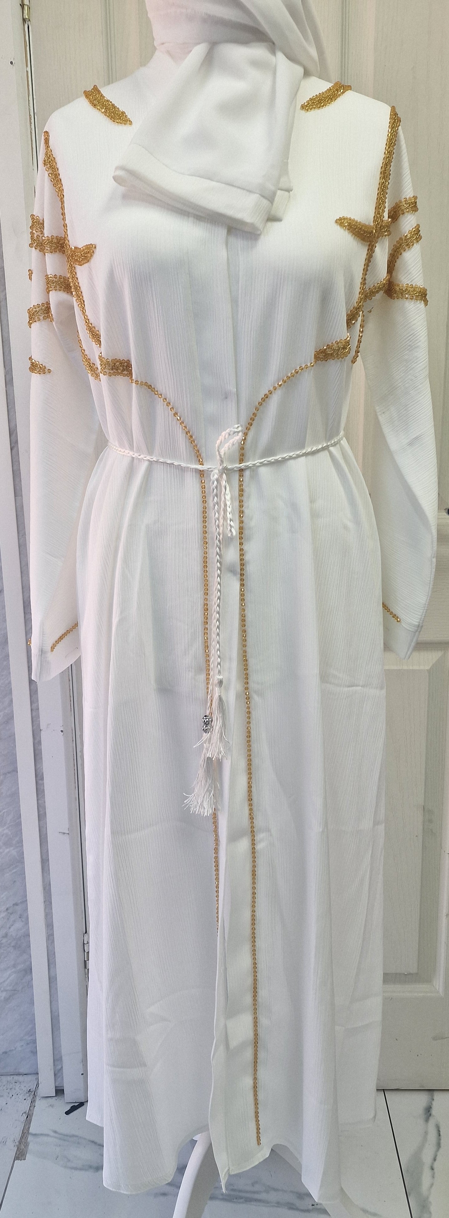 White Abaya with Gold Embellishments